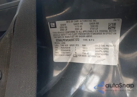 2010 Chevrolet Equinox Lt z USA, uszkodzony, nr VIN 2CNALPEW5A6362072